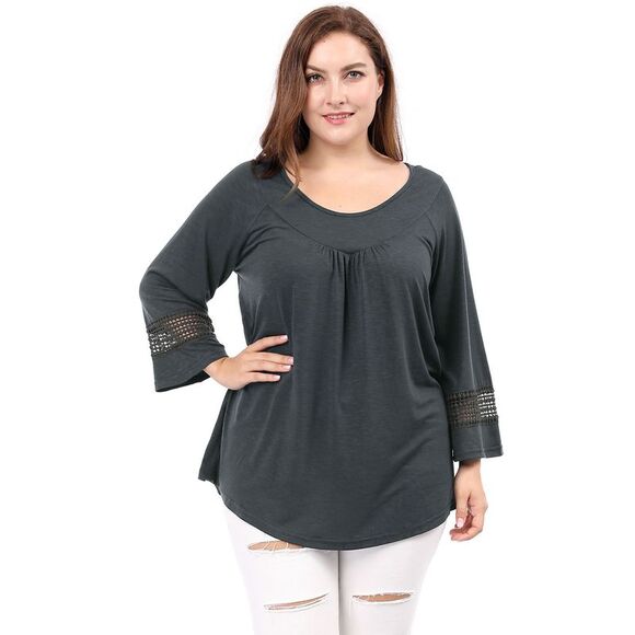 Women's Plus Size Crochet Panel Kimono Raglan Sleeves Tops Dark Grey - Picture 4 of 6